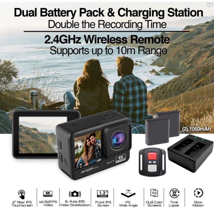 ARGOM CÁMARA DE ACCIÓN EPIC 88 4K ULTRA HD CON CONTROL REMOTO Y PANTALLAS DUALES