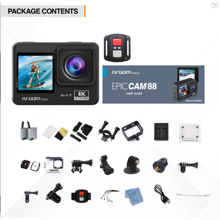 ARGOM CÁMARA DE ACCIÓN EPIC 88 4K ULTRA HD CON CONTROL REMOTO Y PANTALLAS DUALES