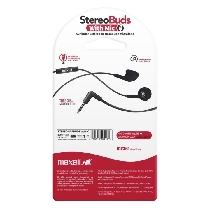 MAXELL 347360 AUDIFONO PASTILLA ESTEREO MIC NEGRO