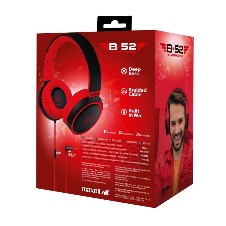 MAXELL 347853 AUDIFONO DIADEMA CON MIC HP-B52 ROJO